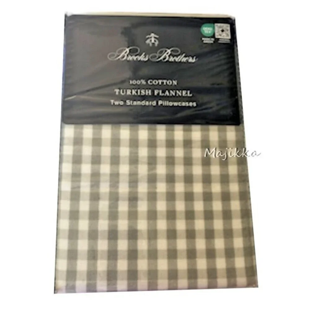 Brooks Brothers Turkish Flannel Standard Pillowcases Gray Check Plaid Set of 2